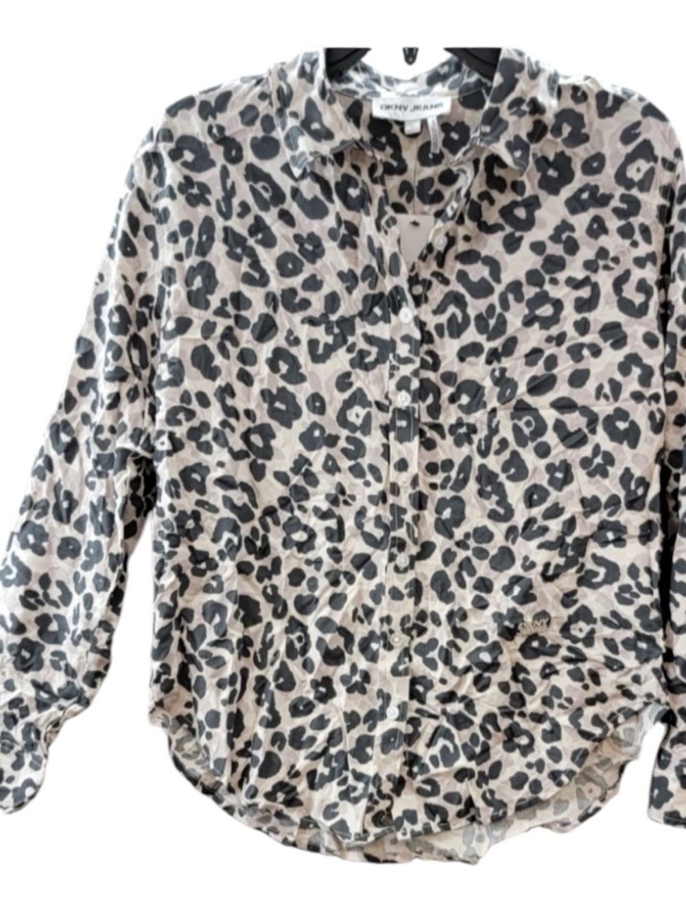 DKNY Cheetah Print Button-Down Shirt in Black and Taupe Size Medium NWT